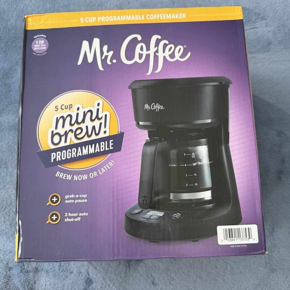 Mr. Coffee 5-Cup Programmable Coffee Maker, Black/Chrome, Auto-Brew, 25oz Capaci